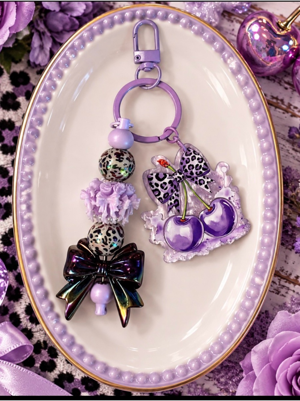 Hand Crafted Beaded Leopard Lavender Cherry Keychain